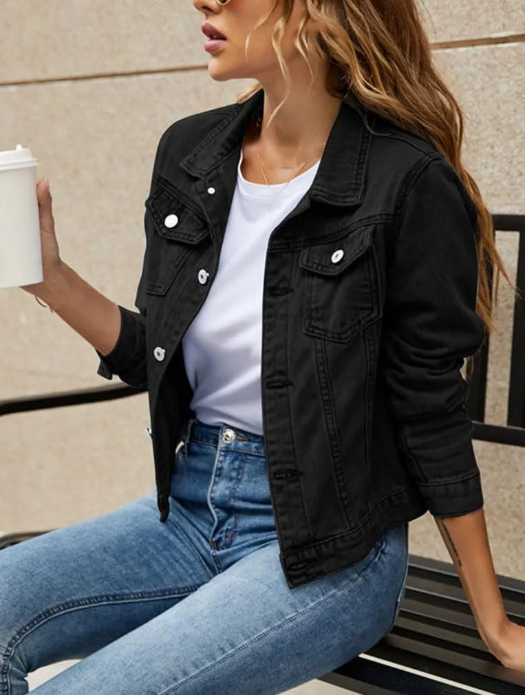 Women's Denim Jackets Fashion Casual Long Sleeve Lapel Solid Colobutton Down Chest Pocket Slim Jean Jacket