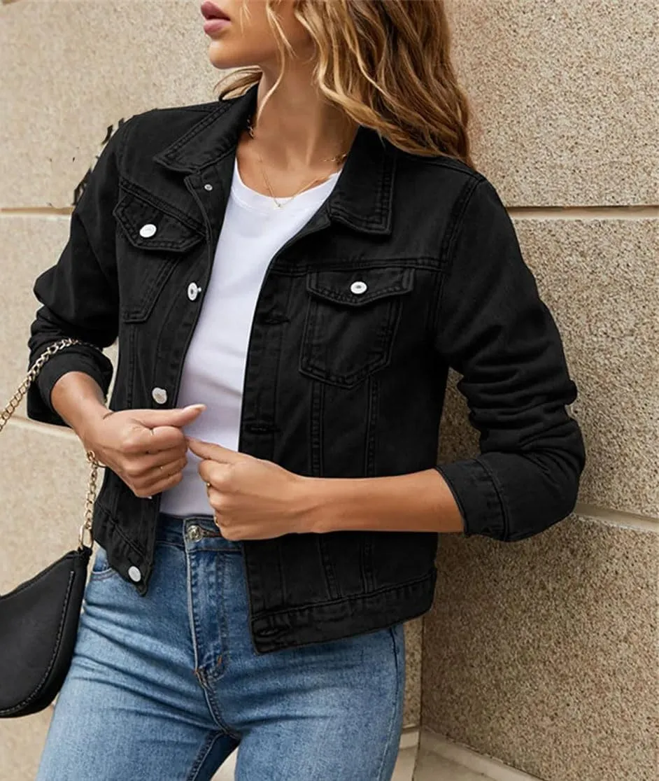 Women's Denim Jackets Fashion Casual Long Sleeve Lapel Solid Colobutton Down Chest Pocket Slim Jean Jacket