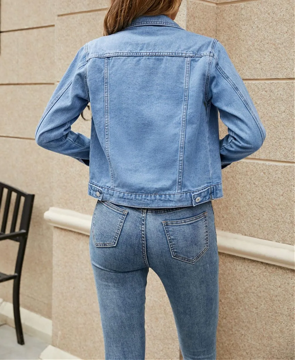 Women's Denim Jackets Fashion Casual Long Sleeve Lapel Solid Colobutton Down Chest Pocket Slim Jean Jacket