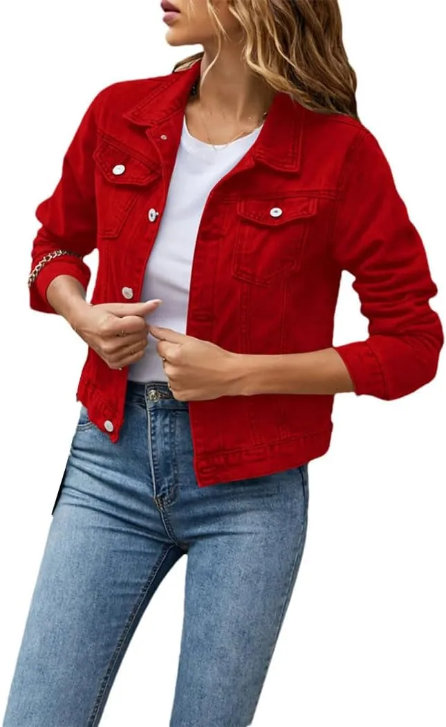 Women's Denim Jackets Fashion Casual Long Sleeve Lapel Solid Colobutton Down Chest Pocket Slim Jean Jacket