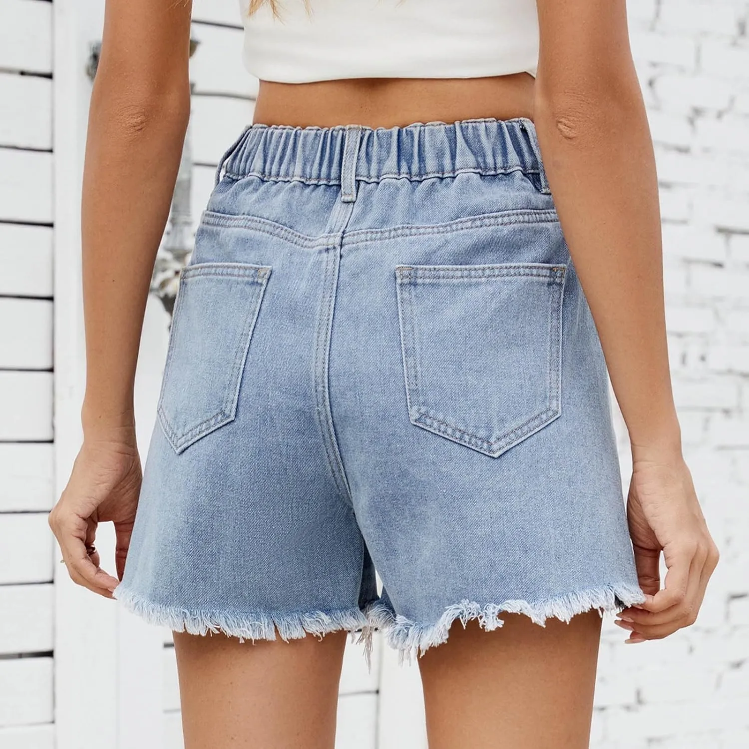 Womens Denim Shorts Summer Trendy Distressed Cut Off Shorts Stretchy High Waisted Ripped Jean Shorts with Pockets