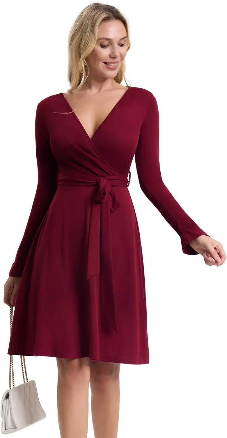 Women's Fall Long Sleeve Dress: Wrap V Neck Midi Dresses - Casual Party Rib Dresses with Belt