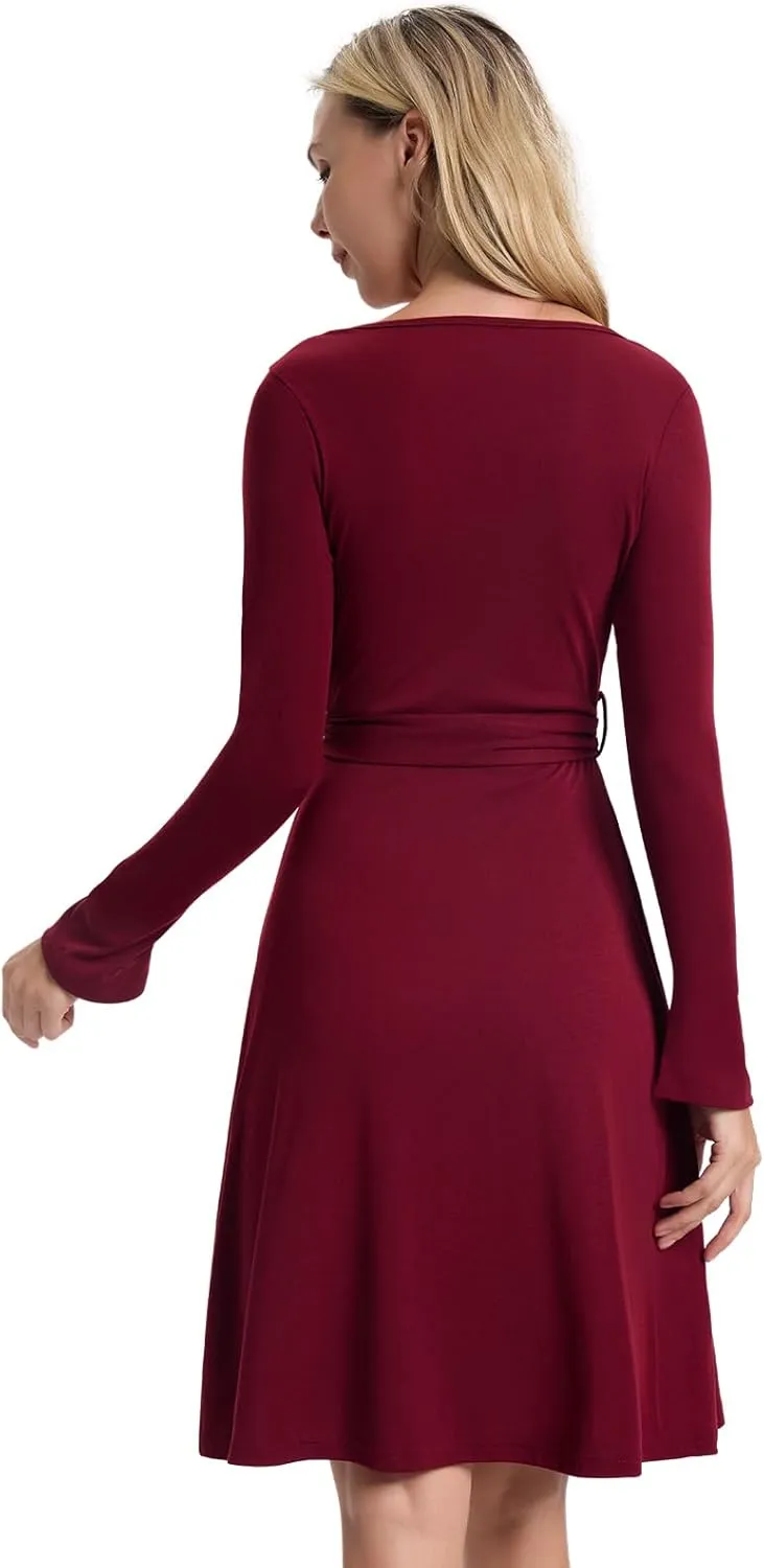 Women's Fall Long Sleeve Dress: Wrap V Neck Midi Dresses - Casual Party Rib Dresses with Belt