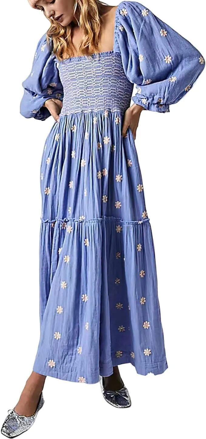 Womens Floral Embroidered Dresses Long Puff Sleeve Square Neck Smocked Tiered Ruffle Maxi Dress Beach Summer Spring Dresses