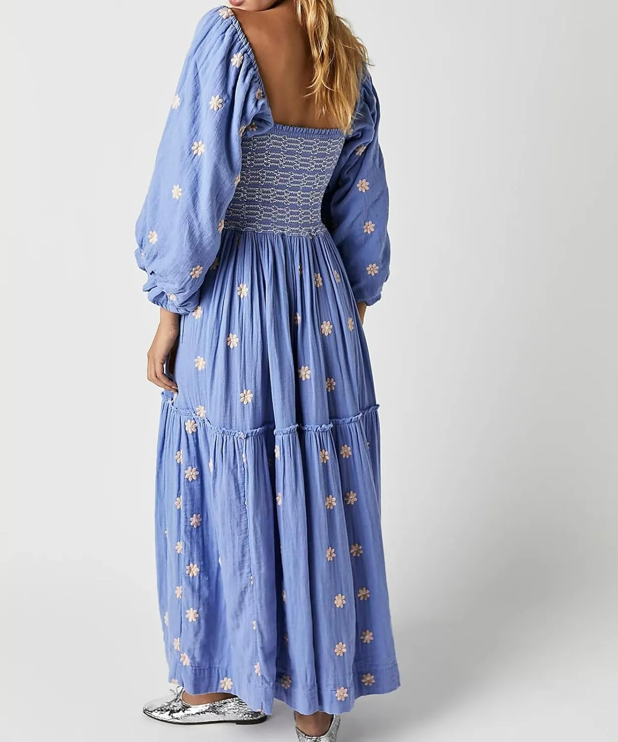 Womens Floral Embroidered Dresses Long Puff Sleeve Square Neck Smocked Tiered Ruffle Maxi Dress Beach Summer Spring Dresses