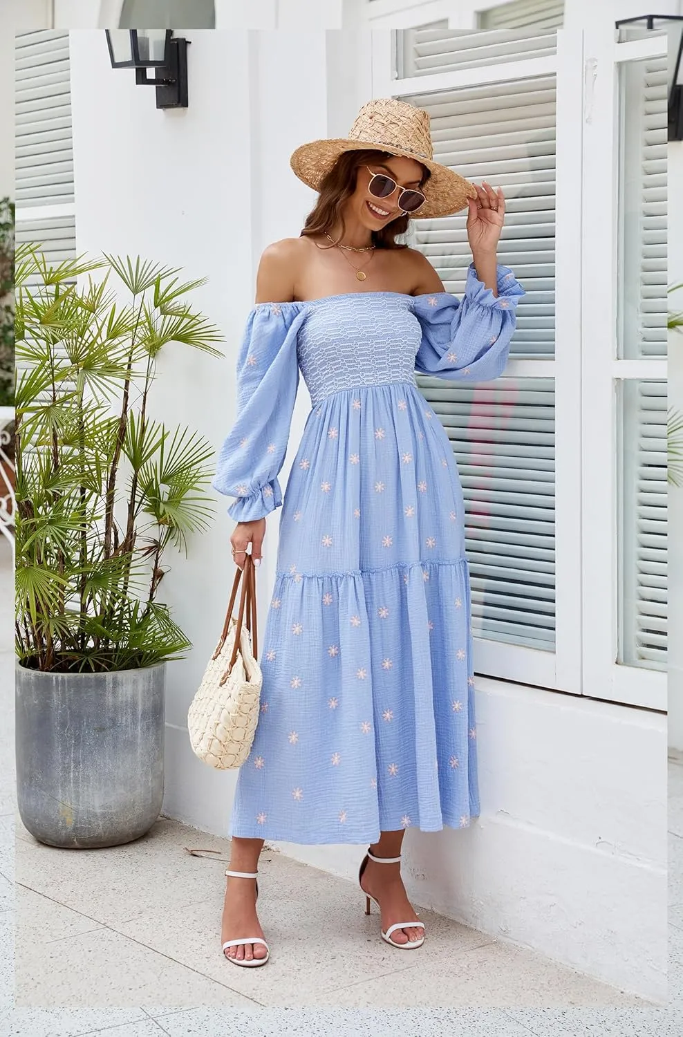 Womens Floral Embroidered Dresses Long Puff Sleeve Square Neck Smocked Tiered Ruffle Maxi Dress Beach Summer Spring Dresses