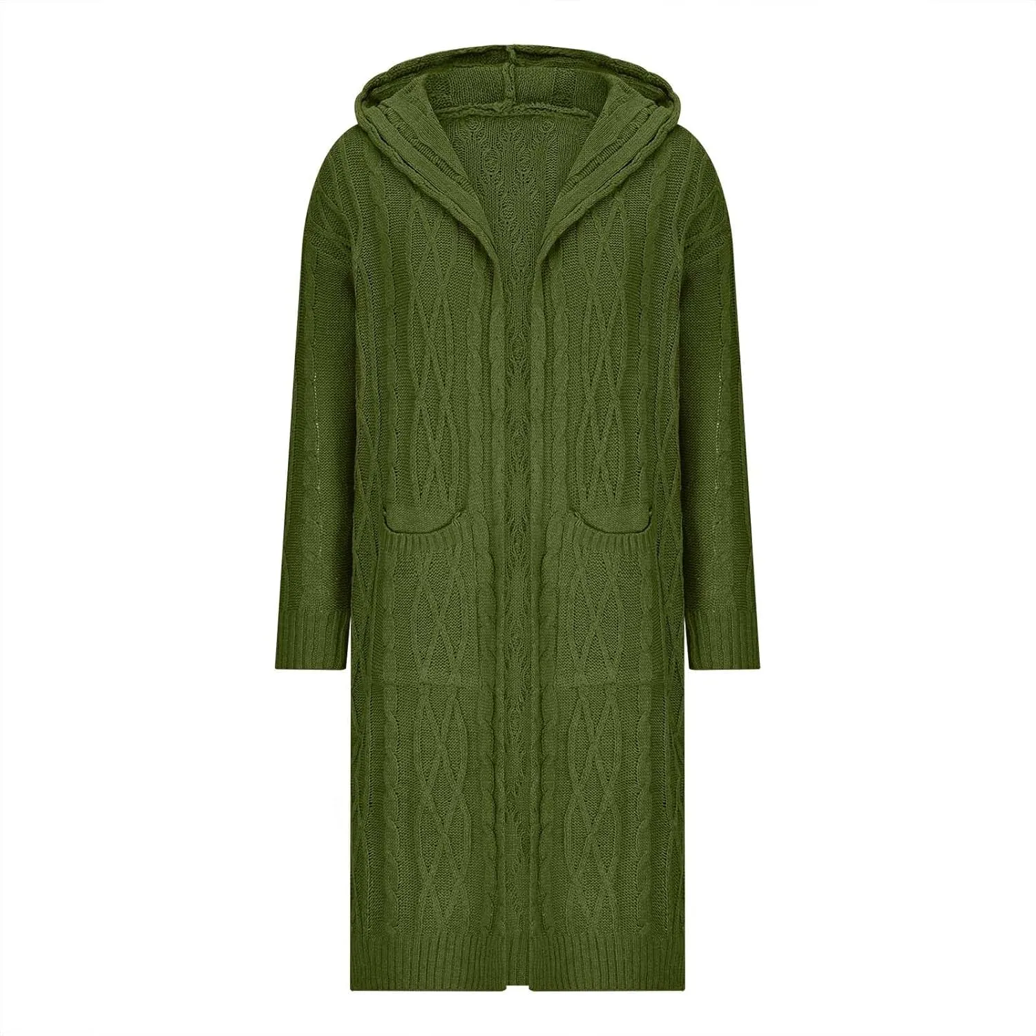 Women's Hooded Open Front Cardigan Cable Knit Hoodie Sweaters Solid Chunky Long Sweater Coats Ladies Fashion Knitwear