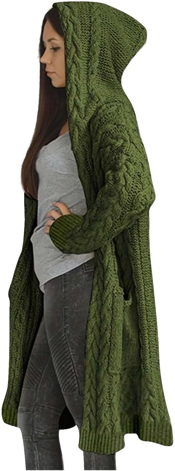 Women's Hooded Open Front Cardigan Cable Knit Hoodie Sweaters Solid Chunky Long Sweater Coats Ladies Fashion Knitwear