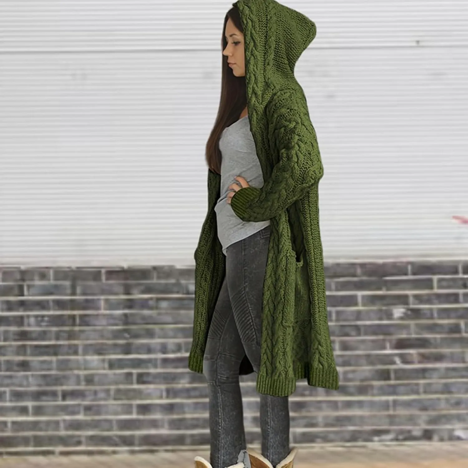 Women's Hooded Open Front Cardigan Cable Knit Hoodie Sweaters Solid Chunky Long Sweater Coats Ladies Fashion Knitwear