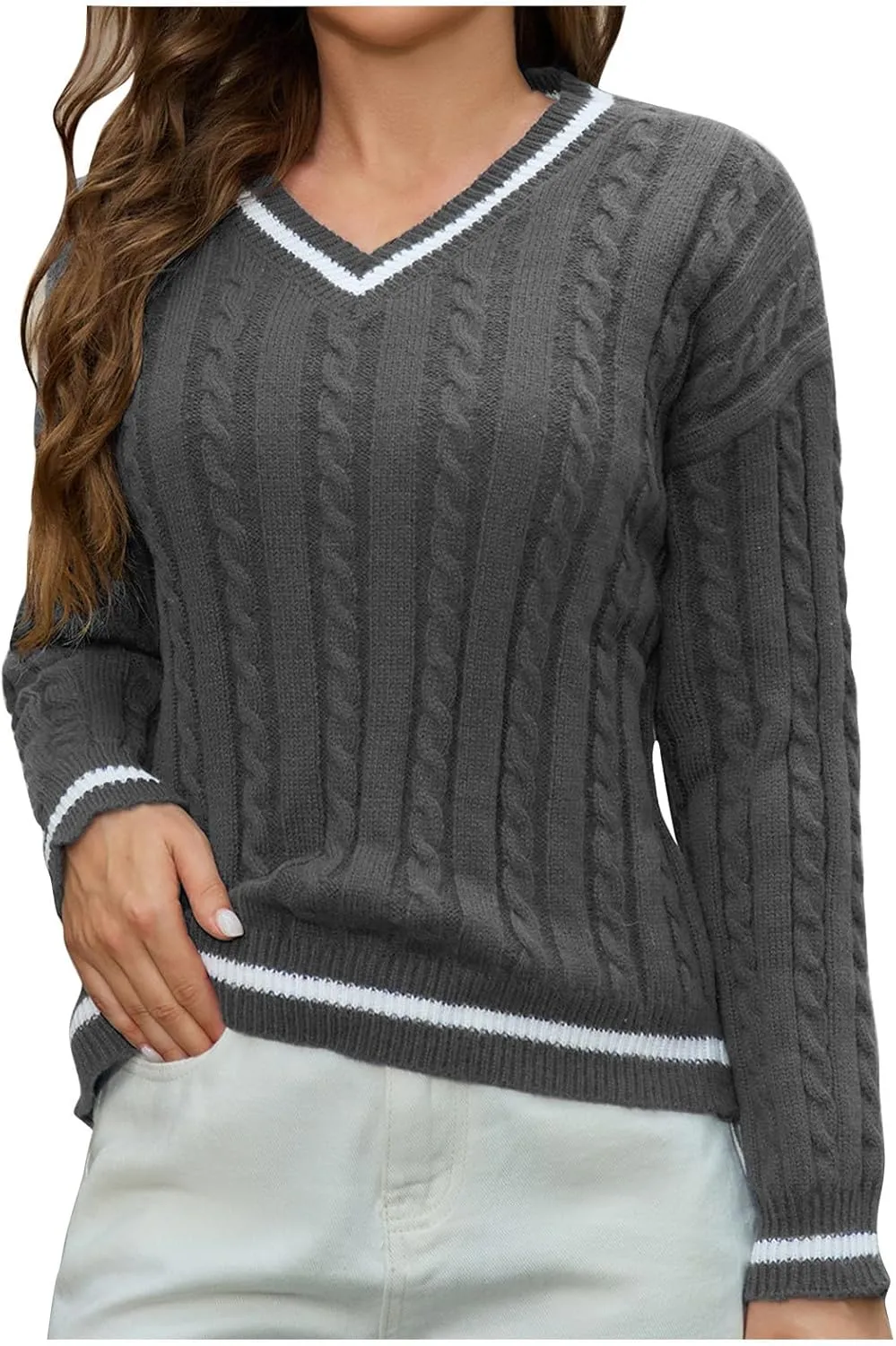 Women's Long Sleeve Fine Gauge Sweater Women's Cable Knit V Neck Sweater Casual Long Sleeve Striped Preppy Jumper Tops