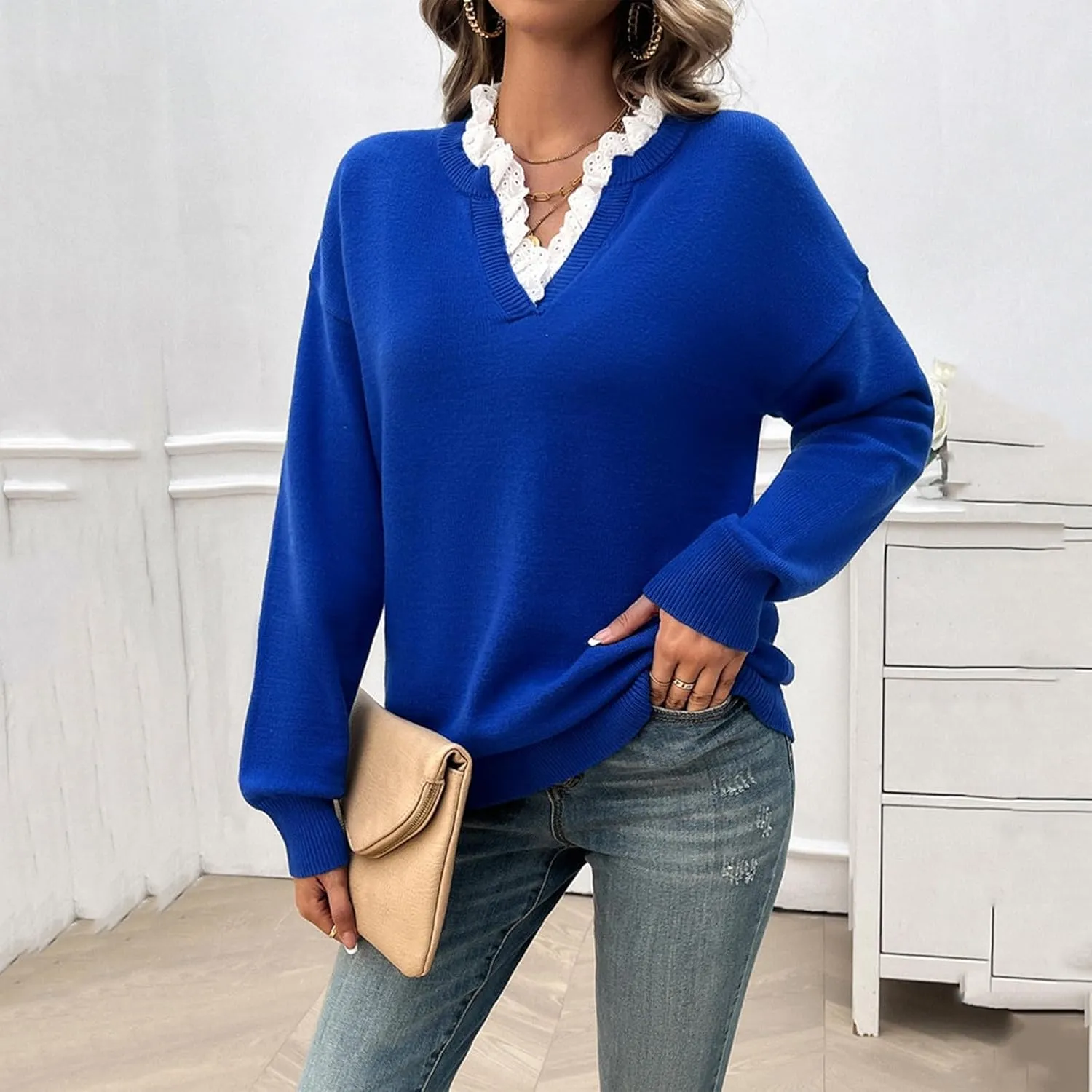 Womens Pullover Sweaters Cropped Lapel Collar V Neck Chunky Knitted Casual Slouchy Loose Jumper Tops Plus Size