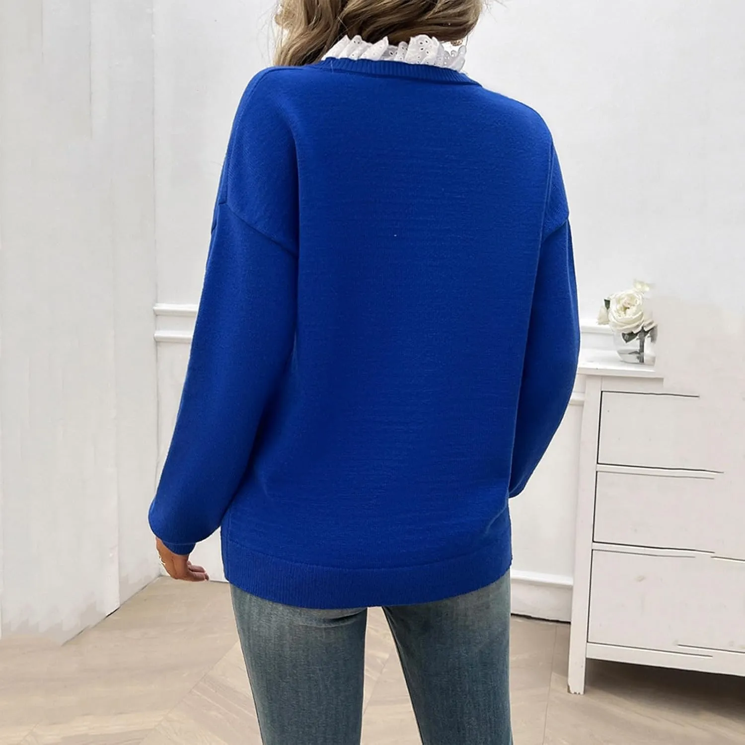Womens Pullover Sweaters Cropped Lapel Collar V Neck Chunky Knitted Casual Slouchy Loose Jumper Tops Plus Size