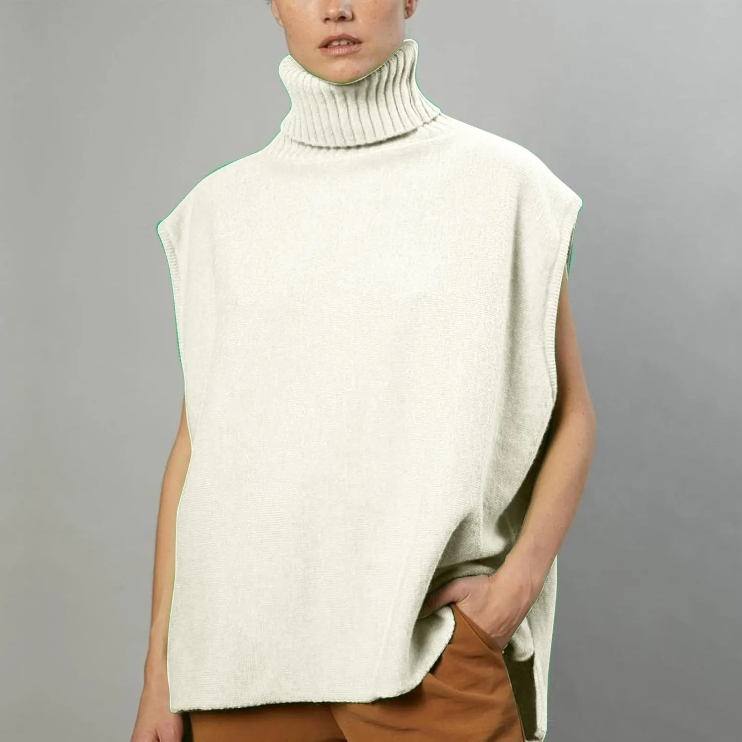 Women's Turtleneck Sweater Fashion Solid Sleeveless Fall Tops Oversized Sweatshirt Loose Casual Knitwear Pullover