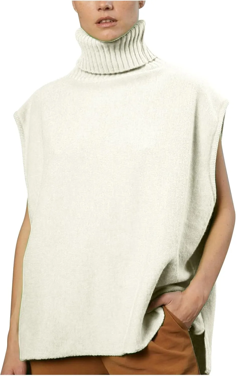 Women's Turtleneck Sweater Fashion Solid Sleeveless Fall Tops Oversized Sweatshirt Loose Casual Knitwear Pullover