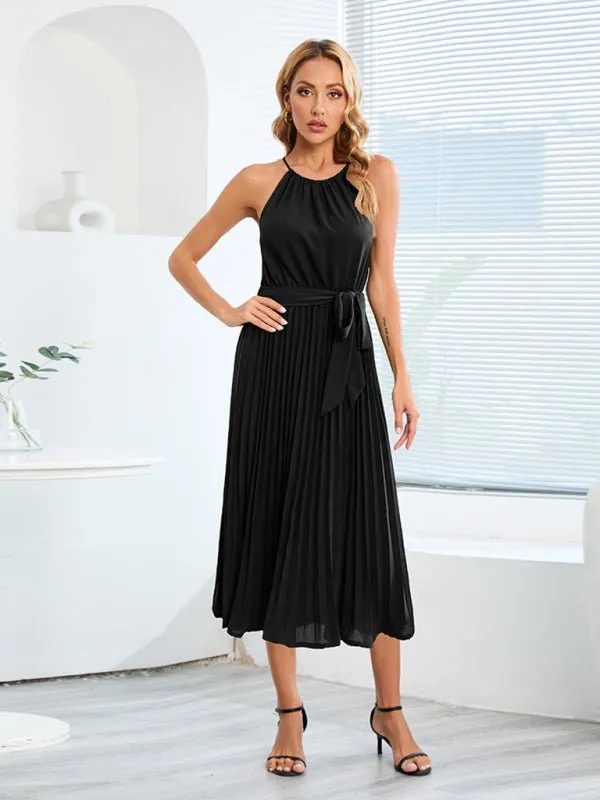Women's woven sexy spaghetti strap sleeveless pleated skirt