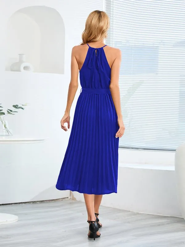 Women's woven sexy spaghetti strap sleeveless pleated skirt