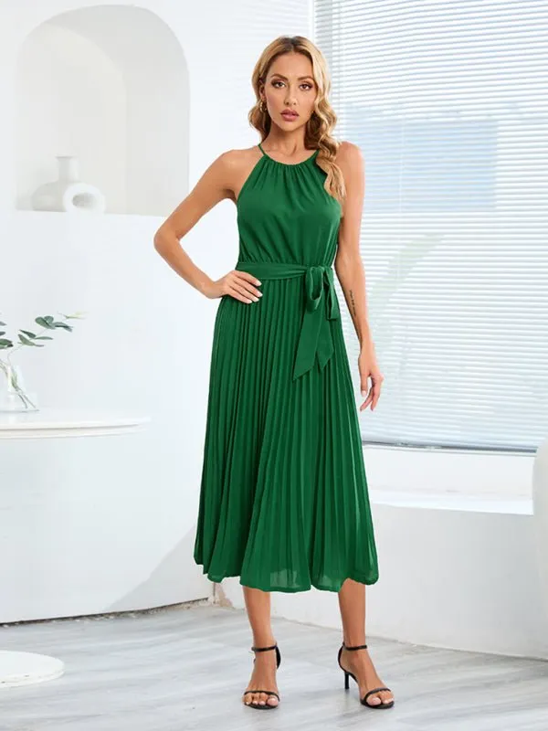 Women's woven sexy spaghetti strap sleeveless pleated skirt