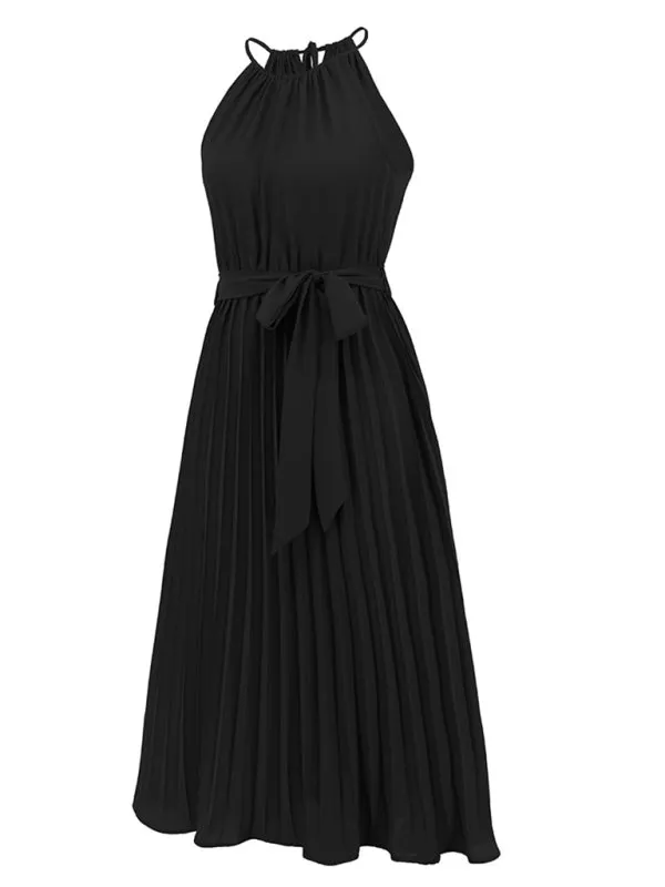 Women's woven sexy spaghetti strap sleeveless pleated skirt
