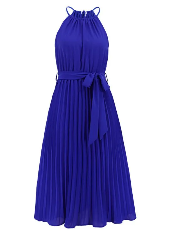 Women's woven sexy spaghetti strap sleeveless pleated skirt