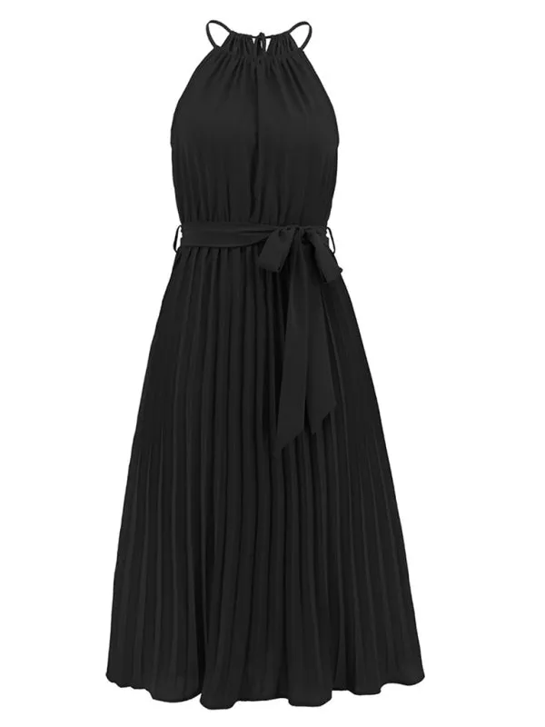 Women's woven sexy spaghetti strap sleeveless pleated skirt