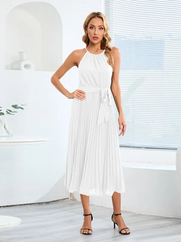Women's woven sexy spaghetti strap sleeveless pleated skirt