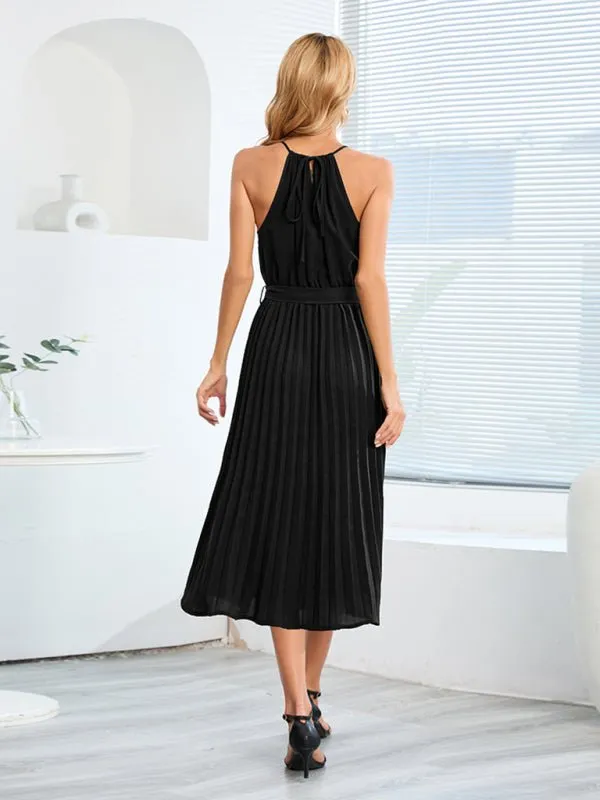 Women's woven sexy spaghetti strap sleeveless pleated skirt