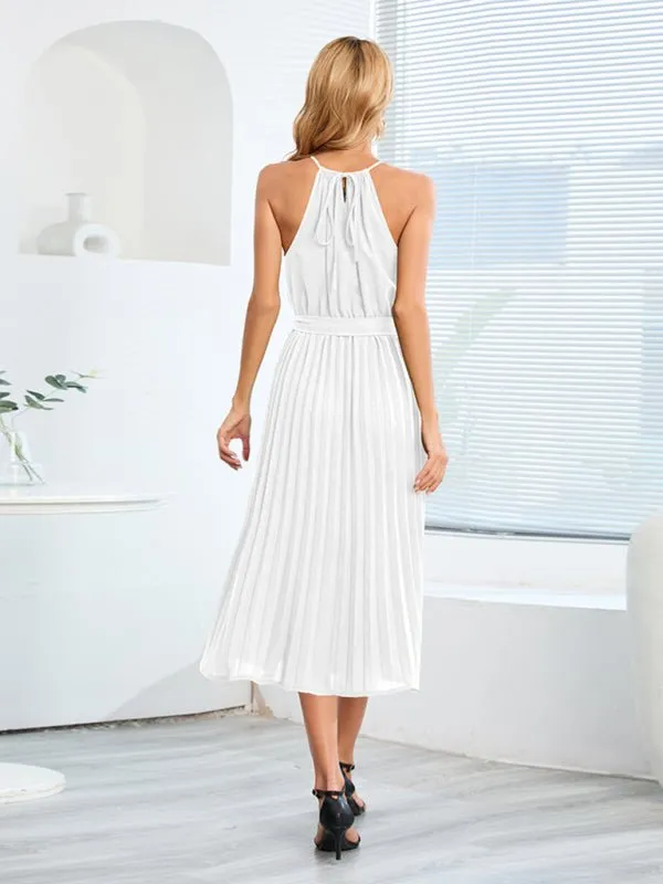 Women's woven sexy spaghetti strap sleeveless pleated skirt